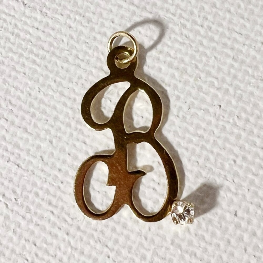 14k SOLID GOLD - B Pendant w/white sapphire